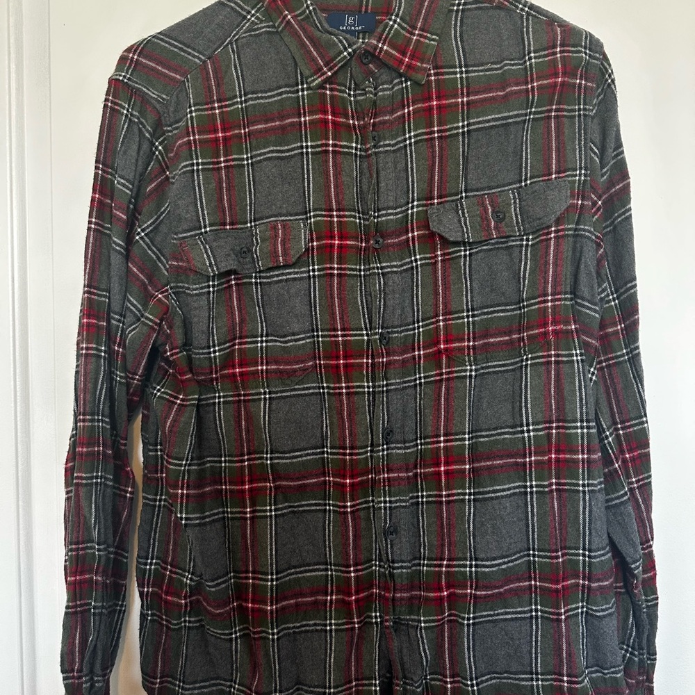 Gray and Red Plaid Flannel Button-Up Shirt
